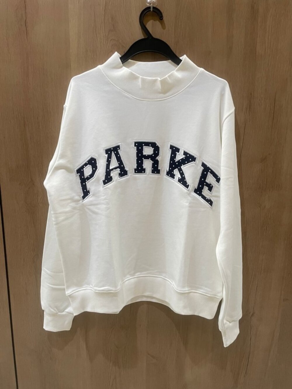Women’s Parke White Mock Neck Casual Pullover Sweatshirt With Varsity Applique